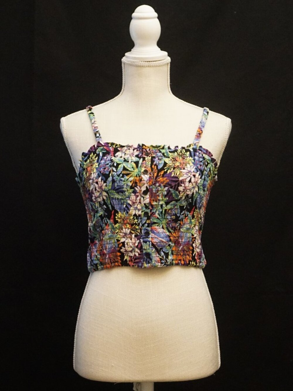 Hippie Rose Crop Top Black Multi-Colored Tropical Floral Print Women’s Small